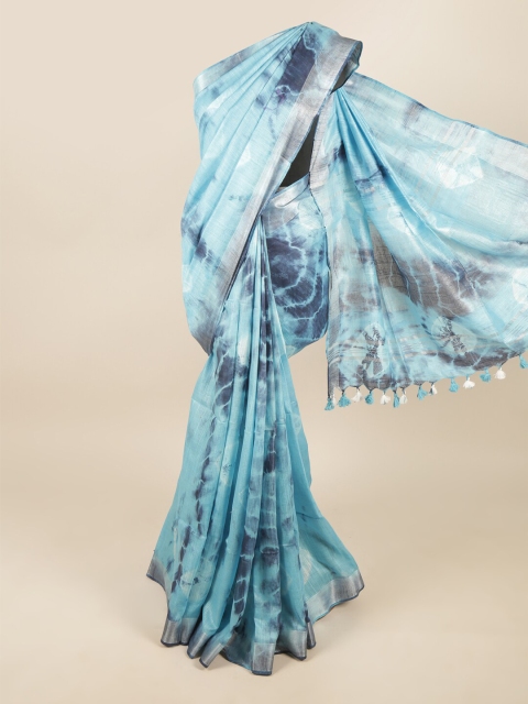 

Pothys Blue & Silver-Toned Tie and Dye Zari Linen Blend Saree