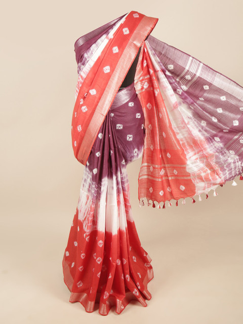 

Pothys Orange & White Bandhani Zari Linen Blend Saree