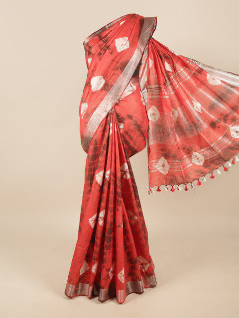 

Pothys Red & White Bandhani Zari Linen Blend Saree