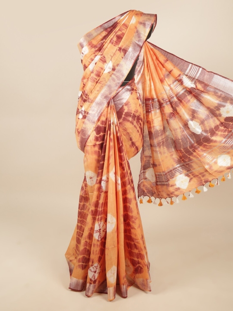 

Pothys Orange & Brown Tie and Dye Zari Linen Blend Saree