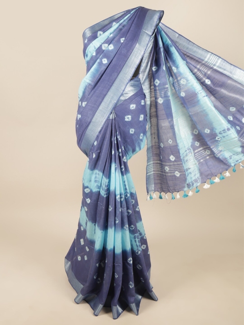 

Pothys Blue & White Bandhani Printed Zari Linen Blend Saree