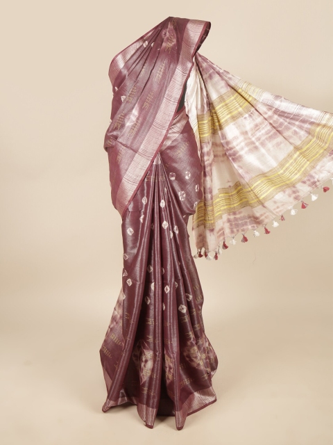 

Pothys Purple & Silver-Toned Bandhani Zari Linen Blend Saree