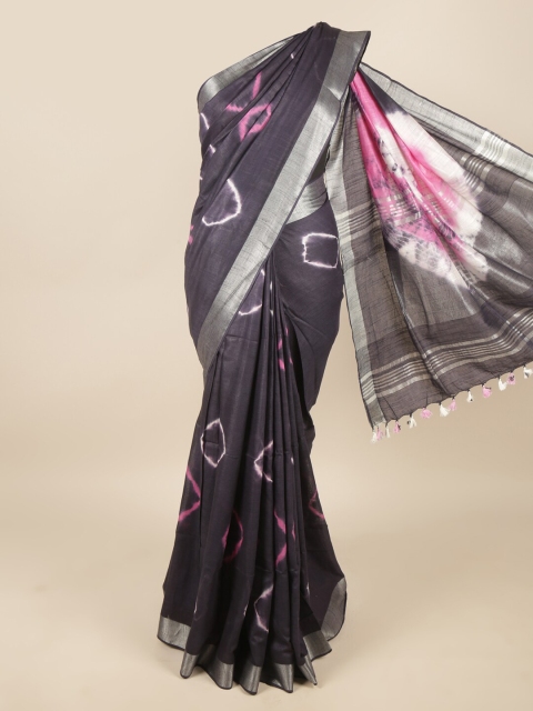 

Pothys Navy Blue & Silver-Toned Bandhani Zari Linen Blend Saree