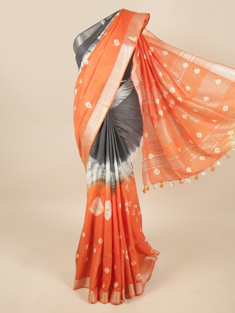 

Pothys Orange & Grey Bandhani Zari Linen Blend Saree