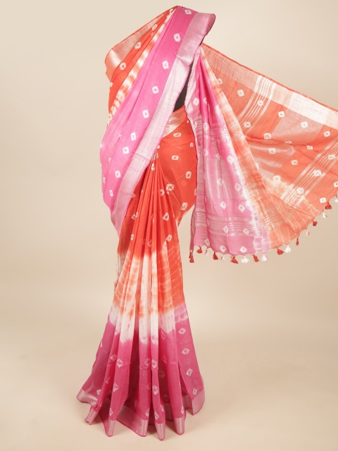 

Pothys Pink & Orange Bandhani Linen Blend Saree