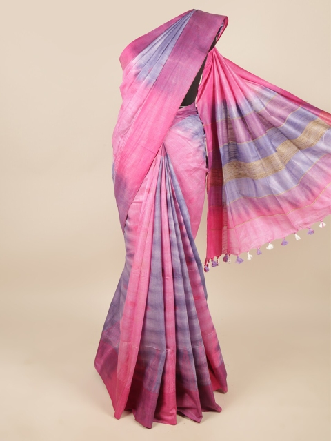 

Pothys Pink & Grey Tie and Dye Linen Blend Saree