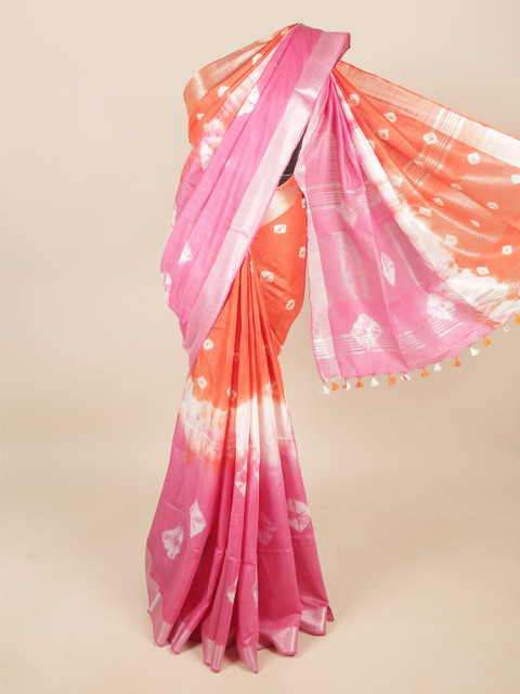

Pothys Orange & Pink Bandhani Zari Linen Blend Saree