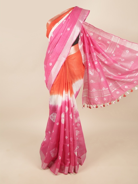 

Pothys Pink & Orange Bandhani Printed Zari Linen Blend Saree