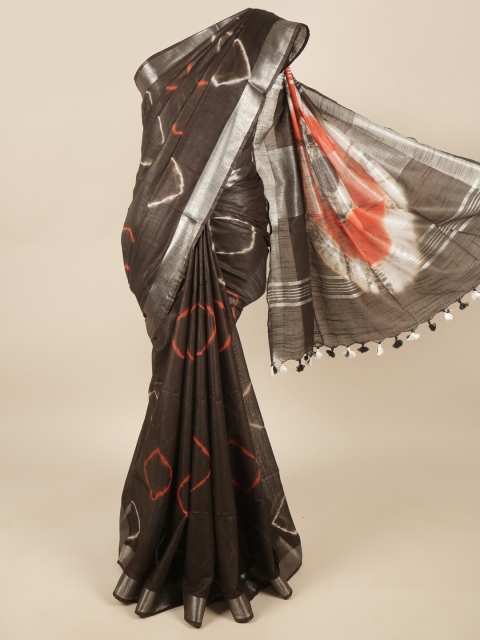 

Pothys Black & Orange Bandhani Zari Linen Blend Saree