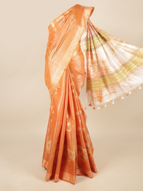 

Pothys Orange & Silver-Toned Bandhani Zari Linen Blend Saree