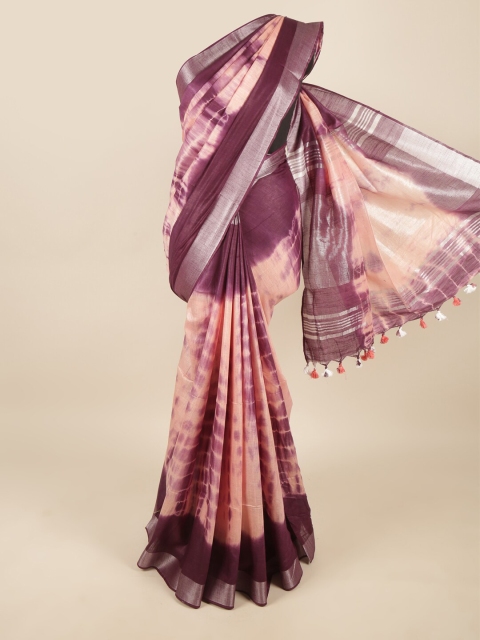 

Pothys Peach-Coloured & Maroon Tie and Dye Zari Linen Blend Saree