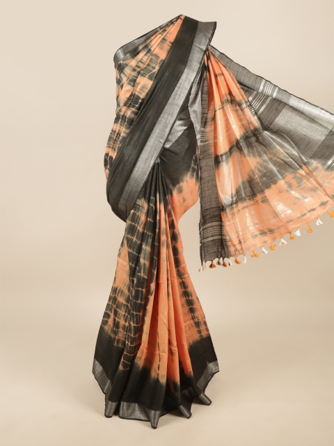 

Pothys Orange & Black Tie and Dye Zari Linen Blend Saree