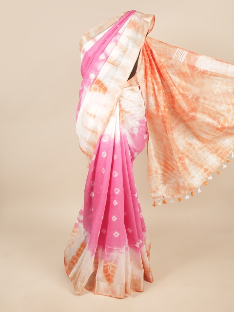 

Pothys White & Pink Bandhani Zari Linen Blend Saree