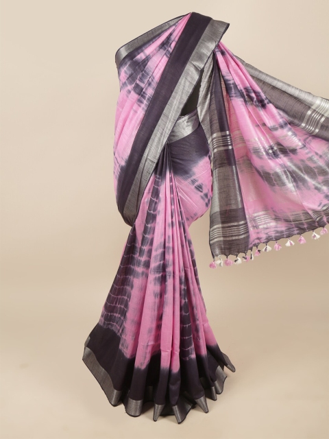 

Pothys Pink & Black Tie and Dye Zari Linen Blend Saree