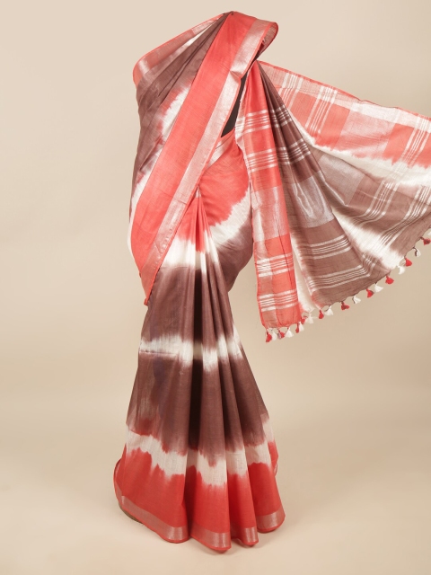 

Pothys Orange & Silver-Toned Tie and Dye Zari Linen Blend Saree