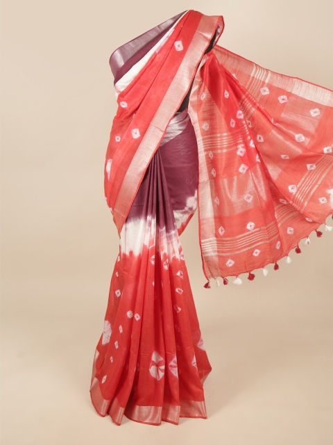 

Pothys Red & Brown Bandhani Zari Linen Blend Saree