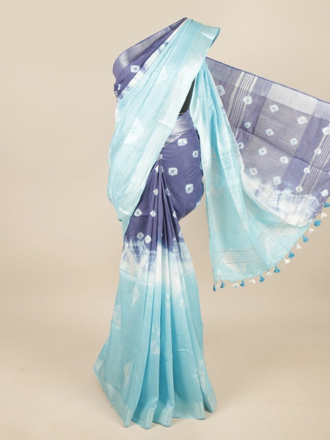 

Pothys Blue & Silver-Toned Bandhani Zari Linen Blend Saree