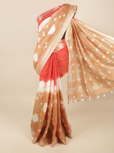 

Pothys Camel Brown & White Bandhani Zari Linen Blend Saree