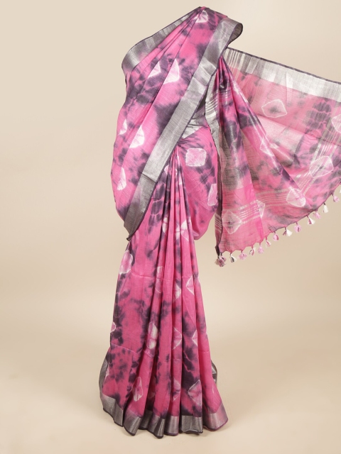 

Pothys Pink & Grey Tie and Dye Zari Linen Blend Saree