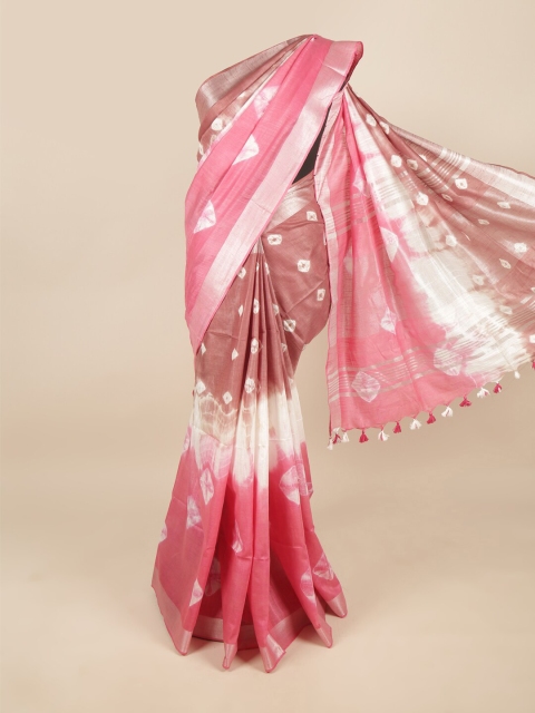 

Pothys Pink & Silver-Toned Bandhani Zari Linen Blend Saree