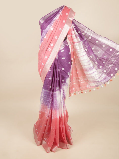 

Pothys Burgundy & Peach-Coloured Tie and Dye Zari Linen Blend Saree