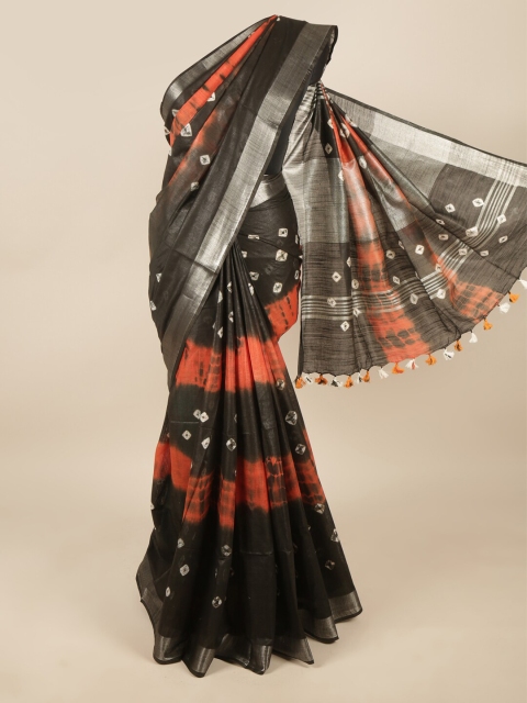 

Pothys Black & Orange Bandhani Zari Linen Blend Saree