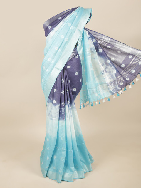 

Pothys Blue & White Tie and Dye Zari Linen Blend Saree