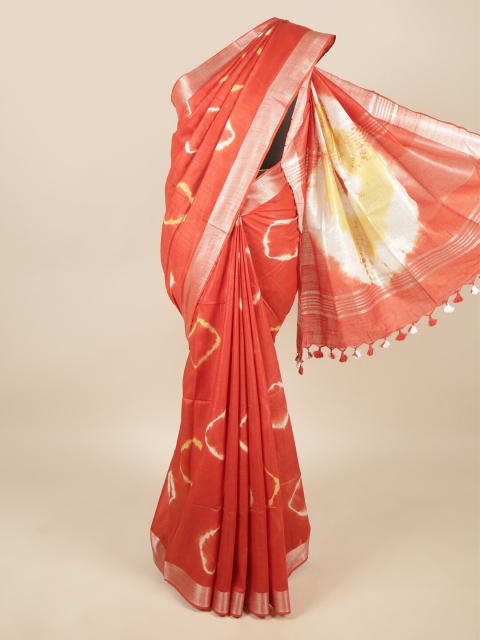 

Pothys Orange & Silver-Toned Bandhani Zari Linen Blend Saree