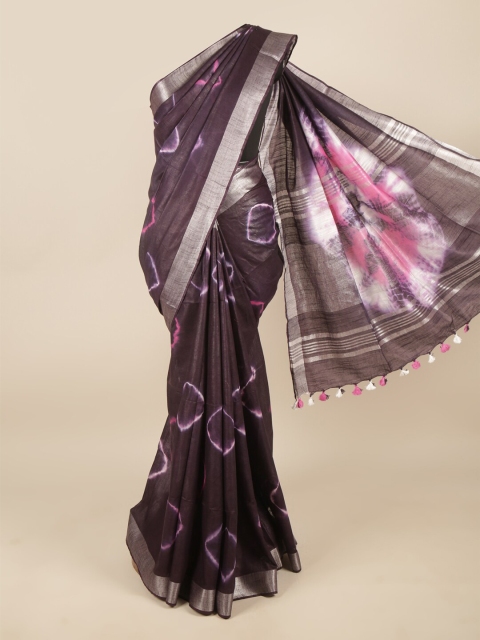 

Pothys Purple & Silver-Toned Bandhani Zari Linen Blend Saree