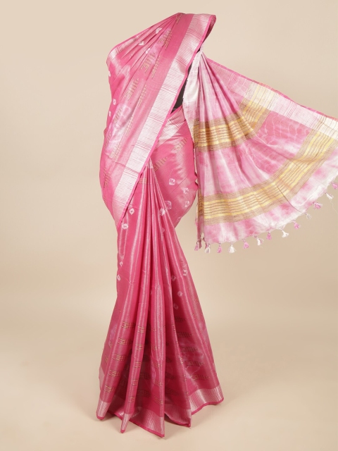 

Pothys Pink & Silver-Toned Bandhani Zari Linen Blend Saree