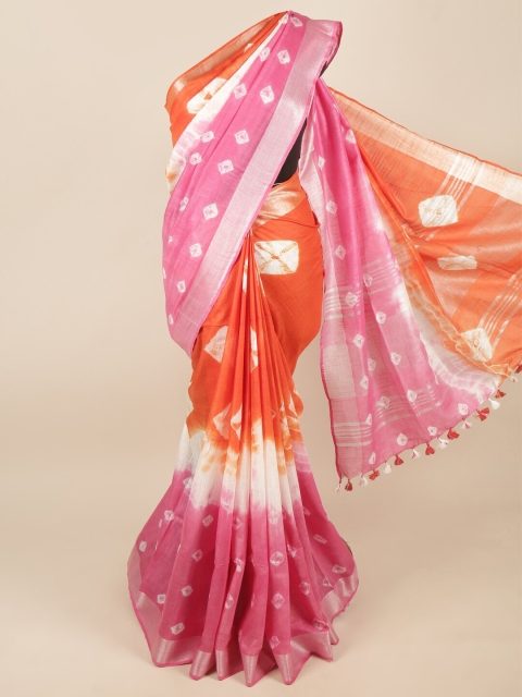 

Pothys Orange & Pink Bandhani Zari Linen Blend Saree