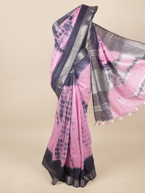 

Pothys Pink & Grey Tie and Dye Zari Linen Blend Saree