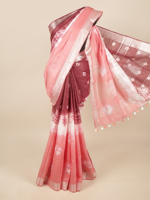 

Pothys Maroon & Peach-Coloured Bandhani Zari Linen Blend Saree