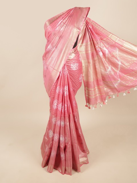 

Pothys Pink & Silver-Toned Bandhani Zari Linen Blend Saree