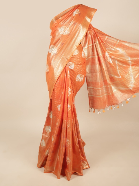 

Pothys Orange & Gold-Toned Bandhani Zari Linen Blend Saree