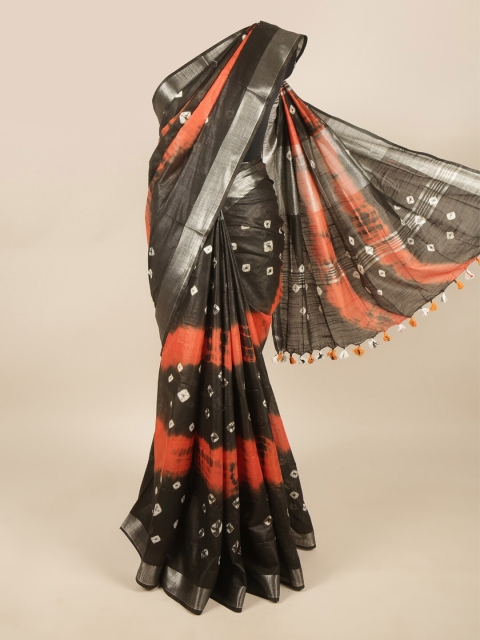 

Pothys Black & Orange Bandhani Zari Linen Blend Saree
