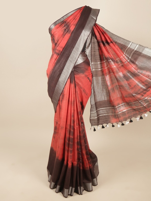 

Pothys Red & Brown Tie and Dye Zari Linen Blend Saree
