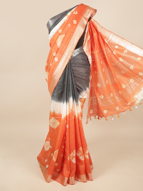 

Pothys Orange & Silver-Toned Bandhani Zari Linen Blend Saree