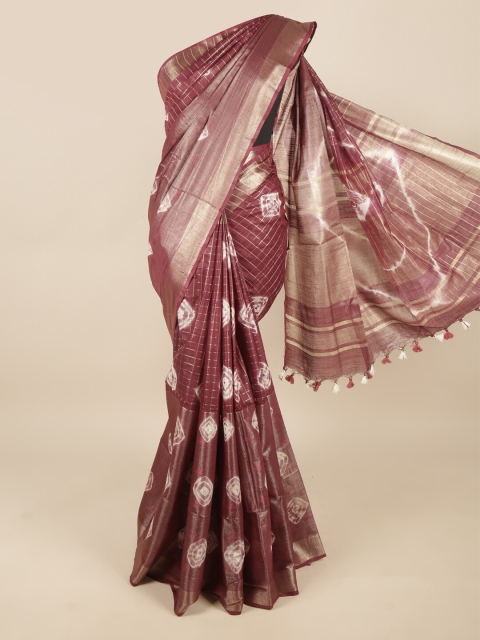 

Pothys Maroon & Gold-Toned Bandhani Zari Linen Blend Saree