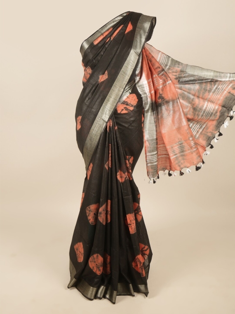 

Pothys Black & Orange Bandhani Zari Linen Blend Saree