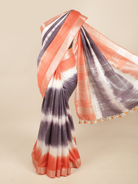 

Pothys Orange & Grey Tie and Dye Zari Linen Blend Saree