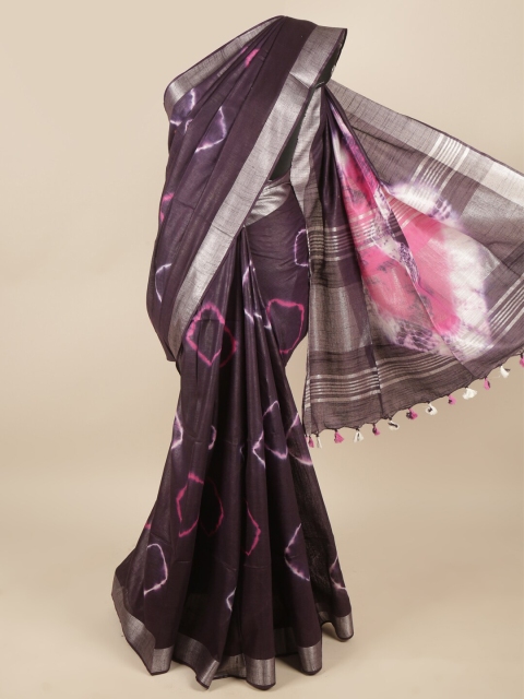 

Pothys Purple & Silver-Toned Bandhani Zari Linen Blend Saree