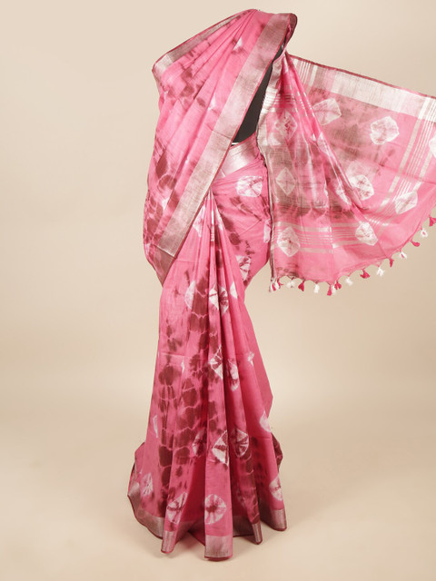 

Pothys Pink & White Bandhani Zari Linen Blend Saree