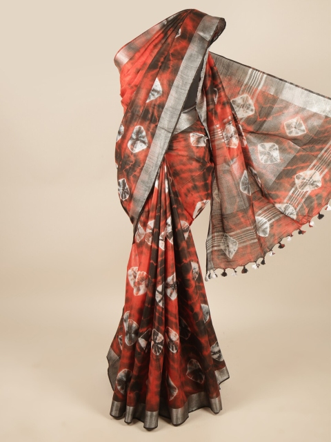 

Pothys Orange & Black Tie and Dye Zari Linen Blend Saree