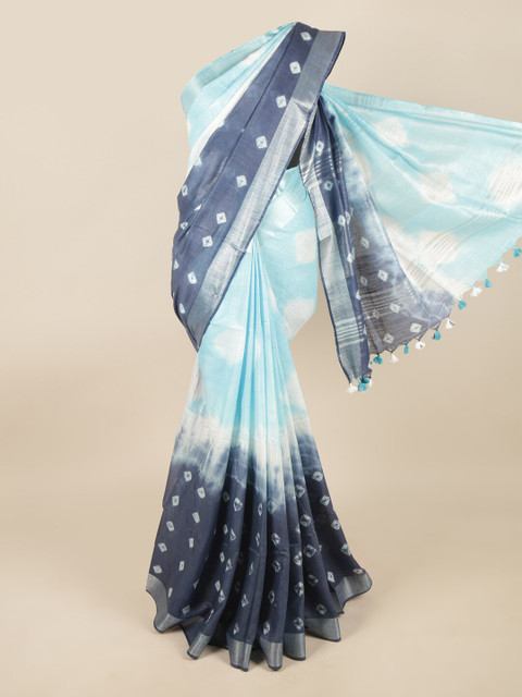 

Pothys Navy Blue & Silver-Toned Tie and Dye Zari Linen Blend Saree