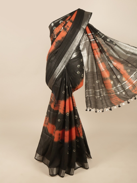 

Pothys Black & Orange Tie and Dye Zari Linen Blend Saree