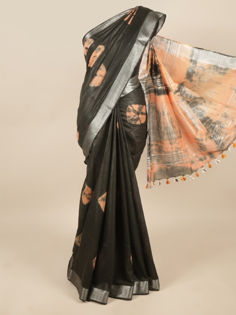 

Pothys Black & Peach-Coloured Bandhani Zari Linen Blend Saree