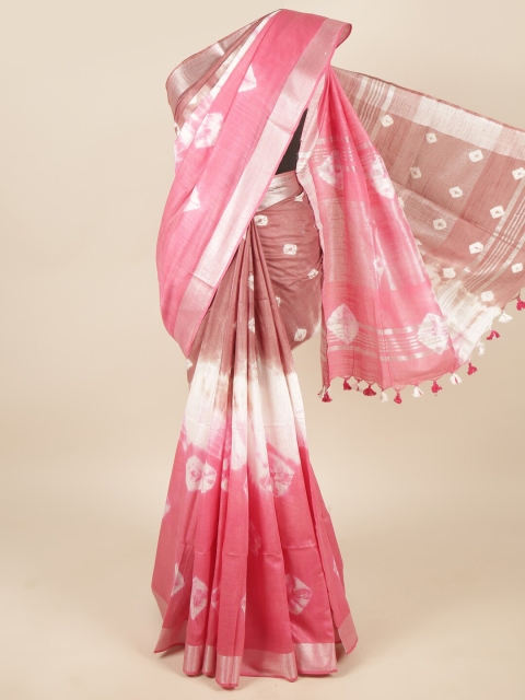 

Pothys Pink & Silver-Toned Bandhani Zari Linen Blend Saree