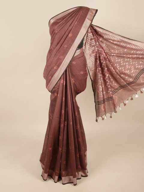 

Pothys Brown & Gold-Toned Bandhani Zari Linen Blend Saree