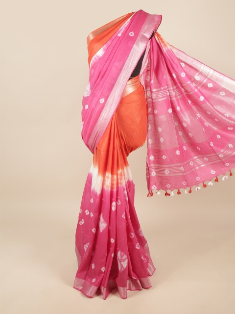 

Pothys Pink & Orange Bandhani Zari Linen Blend Saree